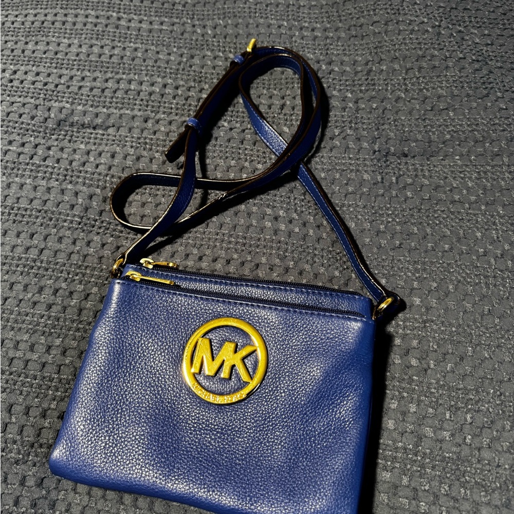 Michael Kors Navy and Gold Leather Crossbody with MK Emblem